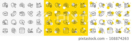 Outline Eco bike, 360 degrees and Sausage line icons pack for web with Share call, Fast food, Calendar line icon. Yummy smile, Online question, Vip certificate pictogram icon. Juice. Vector 108874263