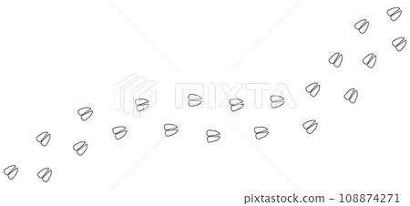 Path of White footprints of horse, cow, goat, sheep, deer, elk, antelope in the snow. Artiodactyl hooves. Horse tracks. Trail of wild horse. Contour. Vector isolated. Pet shop, print, textile, game. 108874271