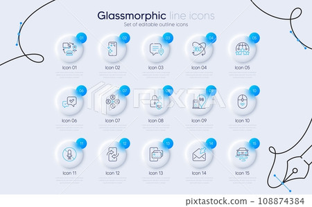 Set of Phone transfer, Cyber attack and Scroll down line icons for web app. No microphone, Smartphone clean, Chat bubble icons. Rating stars, Route, Supply chain signs. Full rotation. Vector 108874384