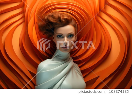 Futurism. Red-haired, blue-eyed, white-skinned girl model in art deco style. White dress, orange background. Avant-garde couture style. High-fashion. Poster, cover, magazine, banner, advertising 108874385