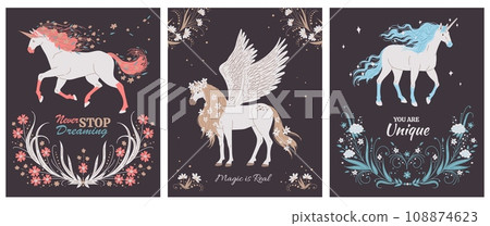Set of posters or vertical banners about fantastic horses flat style Set of posters or vertical banners about fantastic horses flat style 108874623