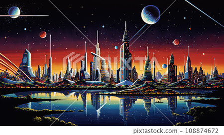 Retro futuristic city in the old school sci-fi art scene. Retro space landscape with city. Generated AI. 108874672