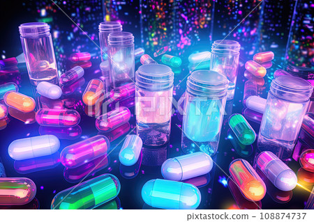 Background with pills and capsules in neon blue and purple colors. Medical drug or dietary supplement concept. Generated AI. 108874737