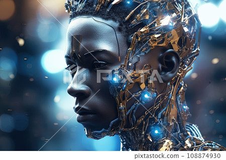 Cyborg or digitally improved human. Artificial intelligence and technology concept with advanced woman. Generated AI. 108874930