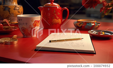 Cup of coffee and notepad with pen composition, top view. Generated AI. 108874932