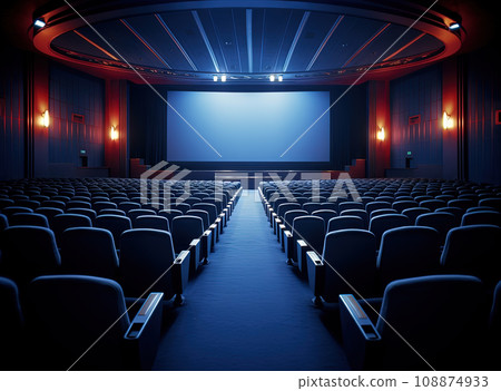 Cinema interior with seats and white screen. Movie theater room with chairs. Generated AI. 108874933