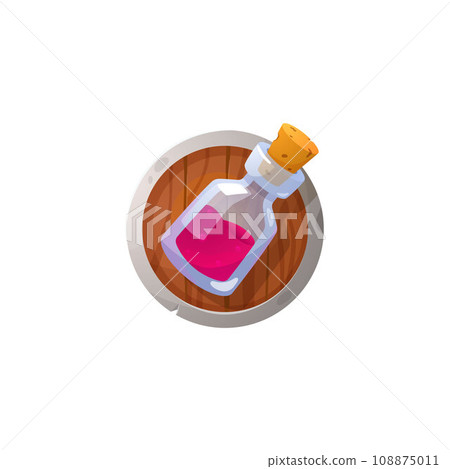 Bottle with potion on wooden plate, game icon, cartoon vector on white 108875011