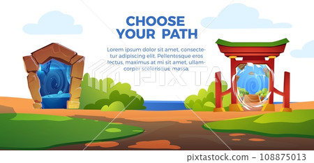 Game portal gates, banner with magic light in landscape, vector illustration Game portal gates, banner with magic light in landscape, vector illustration 108875013