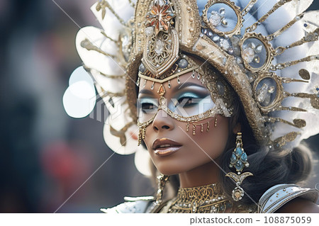 Close-up shot of a carnival performer wearing an intricate and ornate costume Close-up shot of a carnival performer wearing an intricate and ornate costume 108875059