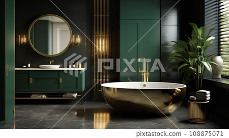 Modern bathroom. Minimalism. Gold and dark green colors Modern bathroom. Minimalism. Gold and dark green colors 108875071