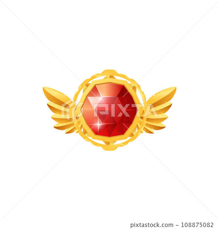 Golden medal, top award badge with red gem and wings, vector level achievement round frame for user game gui interface Golden medal, top award badge with red gem and wings, vector level achievement round frame for user game gui interface 108875082