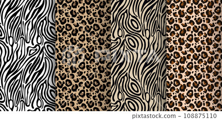 Leopard, tiger seamless pattern, abstract wild animal skin background. Set of leopard textures, background design, prints, textiles. Vector 108875110