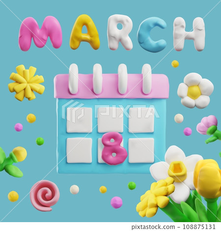 Beautiful composition with 3D plasticine calendar with 8 march and spring flowers, vector render Womens day decoration 108875131
