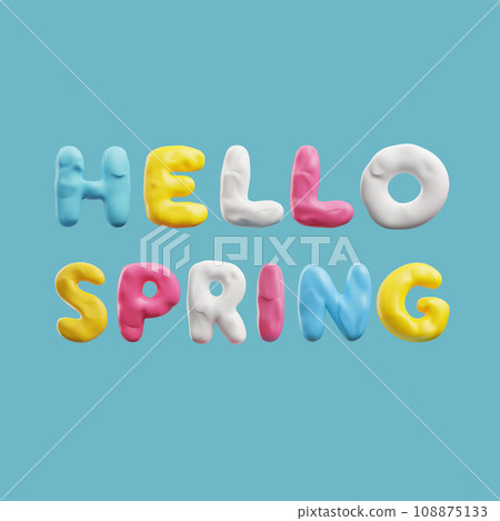 Hello spring text from molded plasticine on color background. 108875133