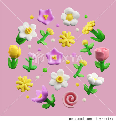 Flowers, circle composition, plasticine art, realistic 3D vector 108875134