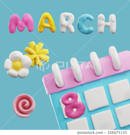 Banner with plasticine calendar and flowers about 8 March 3D style 108875135