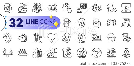 Outline set of Nurse, Social care and Queue line icons for web with Business person, Health skin, Fake information thin icon. Competition, Award app, Cough pictogram icon. Dislike hand. Vector 108875284