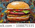 Textured painting of a burger in thick impasto technique in bold vibrant colors. Tasty double cheeseburger fast food. 108875335