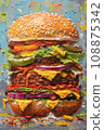 Painting of a tall burger in thick impasto technique in bold vibrant colors. Huge tasty double cheeseburger fast food. 108875342