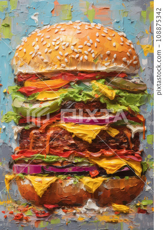 Painting of a tall burger in thick impasto technique in bold vibrant colors. Huge tasty double cheeseburger fast food. 108875342