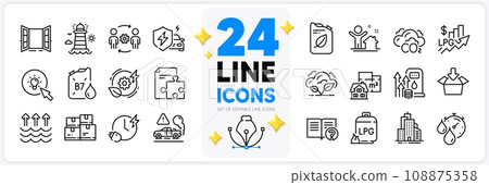 Icons set of New house, Strategy and Diesel canister line icons pack for app with Open door, Charging time, Floor plan thin outline icon. Skyscraper buildings, Help, Co2 pictogram. Vector Icons set of New house, Strategy and Diesel canister line icons pack for app with Open door, Charging time, Floor plan thin outline icon. Skyscraper buildings, Help, Co2 pictogram. Vector 108875358