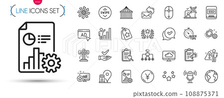 Pack of Medical analytics, Carousels and Quick tips line icons. Include Ssd, Swipe up, Graph chart pictogram icons. Cloud storage, Report, Qr code signs. Yen money, Scroll down. Vector 108875371