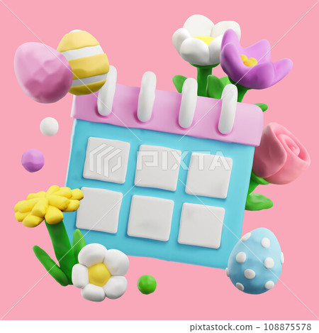 Beautiful composition with 3D plasticine calendar, spring flowers and painted Easter eggs, vector Happy Easter design Beautiful composition with 3D plasticine calendar, spring flowers and painted Easter eggs, vector Happy Easter design 108875578