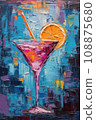 Painting of a martini glass with pink summer cocktail, slice of orange and a straw, in thick impasto technique, bold vibrant colors on blue and purple textured background. 108875680