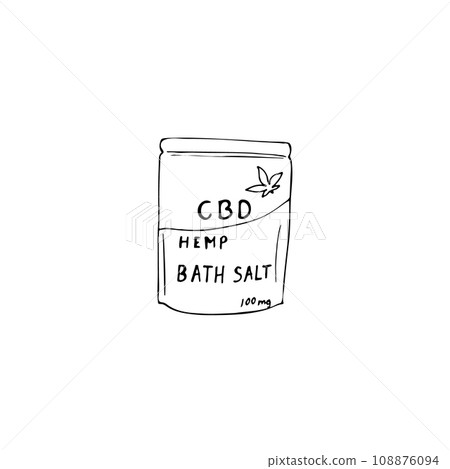 Hand drawn CBD hemp bath salt in a pack. Relaxation. Medical cannabis marijuana. Vector illustration isolated on white background Hand drawn CBD hemp bath salt in a pack. Relaxation. Medical cannabis marijuana. Vector illustration isolated on white background 108876094