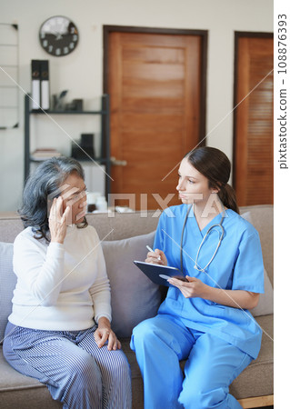 Portrait of a female doctor holding a tablet taking a note of a patient's symptoms to discuss and analyze a headache Portrait of a female doctor holding a tablet taking a note of a patient's symptoms to discuss and analyze a headache 108876393