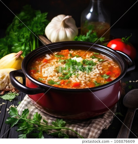 Vegetable Soup, Potage or Solyanka with Vegetables and Cereals, Soljanka, Rich Saltwort with Rice 108876609