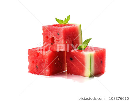 Watermelon Cuts Set Isolated, Water Melon Slices, Red Cubes Collection, Square Fruit Pieces 108876610