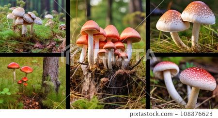 Wild Edible Mushrooms Collage. Various Mushroom Hunting Photo Collection Wild Edible Mushrooms Collage. Various Mushroom Hunting Photo Collection 108876623