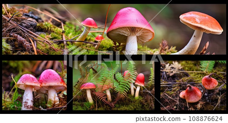 Wild Edible Mushrooms Collage. Various Mushroom Hunting Photo Collection Wild Edible Mushrooms Collage. Various Mushroom Hunting Photo Collection 108876624