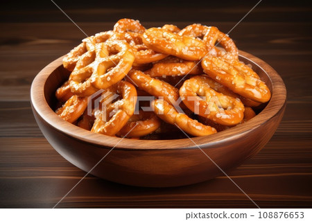 Pretzel Cookies in Wood Bowl. Small Salted Pretzels, Crispy Beer Snack, German Brezel Pretzel Cookies in Wood Bowl. Small Salted Pretzels, Crispy Beer Snack, German Brezel 108876653