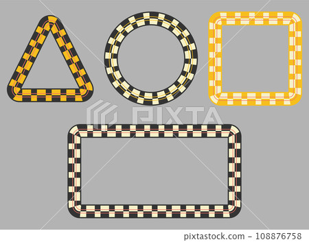 Checkered frames set. Square, circle, triangle, rectangle geometric shapes background. Black, white cream, yellow editable colours, red stripe line, modern graphic, vintage style. Vector 108876758