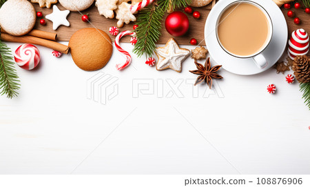 A mug of hot cocoa or chocolate drink and Christmas homemade cookies, on a festive white background 108876906
