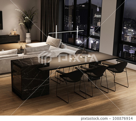 Modern dining room with city skyline view at night 108876914
