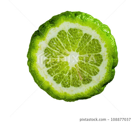 bright green fresh juicy kaffir lime top view isolated bright green fresh juicy kaffir lime top view isolated 108877037