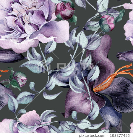 Watercolor pattern of purple peony, lily flower isolated on dark. Gothic floral seamless pattern hand drawn. Gothic Wedding background in vintage style. Design for textile, backdrop, package, paper Watercolor pattern of purple peony, lily flower isolated on dark. Gothic floral seamless pattern hand drawn. Gothic Wedding background in vintage style. Design for textile, backdrop, package, paper 108877435