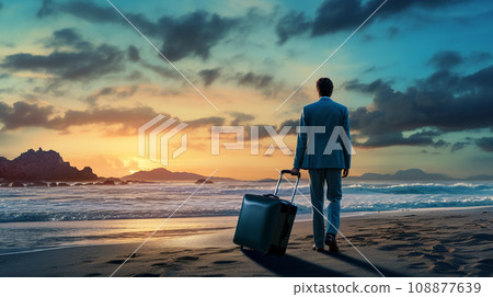 man with suitcase standing on beach, storytelling concept - generative AI 108877639