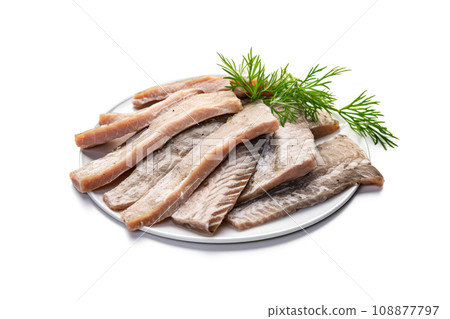 Salted Herring Fillet Isolated, Raw Pickled Fish Meat, Marinated Herring on White Background Salted Herring Fillet Isolated, Raw Pickled Fish Meat, Marinated Herring on White Background 108877797