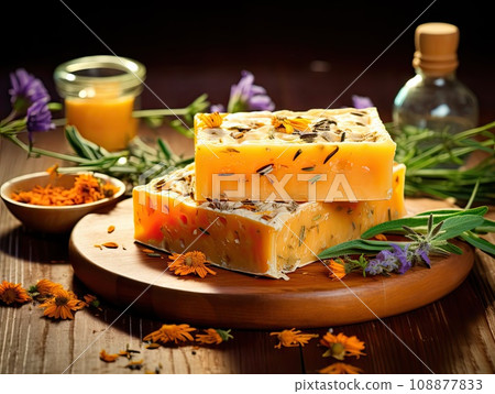 Homemade Herbal Soap with Petals of Calendula, Flower Soap 108877833