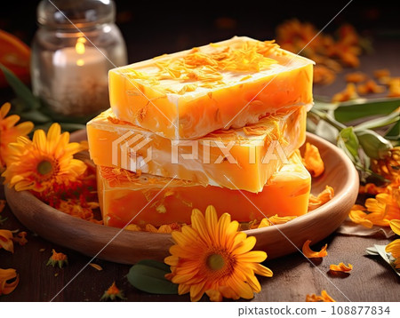 Homemade Herbal Soap with Petals of Calendula, Flower Soap 108877834