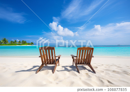 two wooden chairs in a tropical beach environment - generative AI 108877835