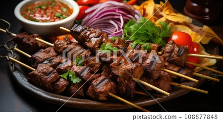 Moroccan Beef Kebab on Skewers, Traditional Arabian Food, Mutton Shashlik, Skewered Grilled Veal Meat 108877848