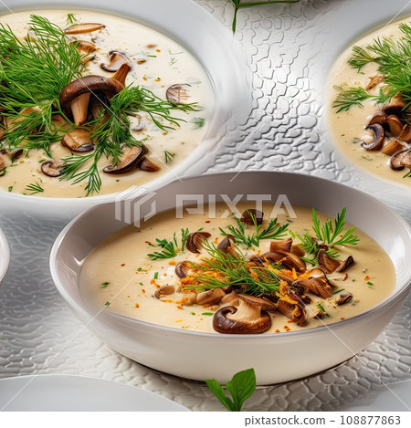 Cream Mushroom Soup with Porcini or Bay Boletes in White Restaurant Bowl, Wild Eco Mushrooms Dish 108877863