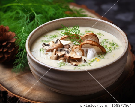 Cream Mushroom Soup with Porcini or Bay Boletes in White Restaurant Bowl, Wild Eco Mushrooms Dish 108877864