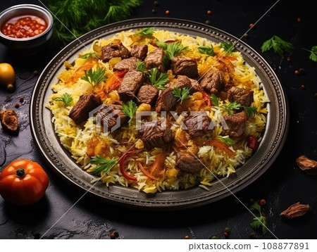 Pilau on Green Plate, Beef Pilaf, Traditional Asian Dish Plov also known as Polow, Pilav, Pallao, Pulao, Palaw 108877891
