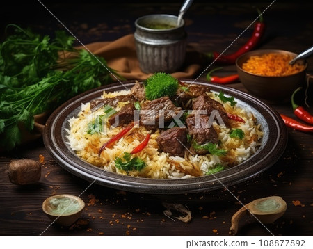 Pilau on Green Plate, Beef Pilaf, Traditional Asian Dish Plov also known as Polow, Pilav, Pallao, Pulao, Palaw 108877892